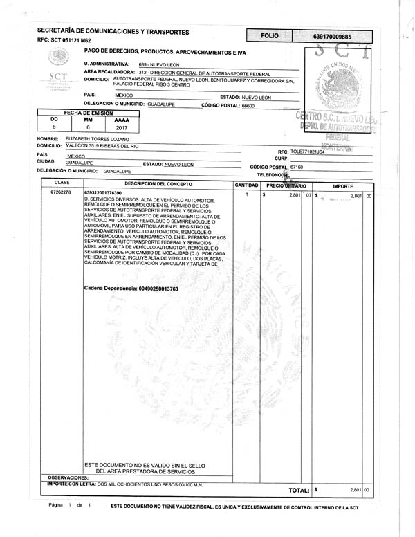 Permiso Freightliner  cerrado bco placas 85AF1E